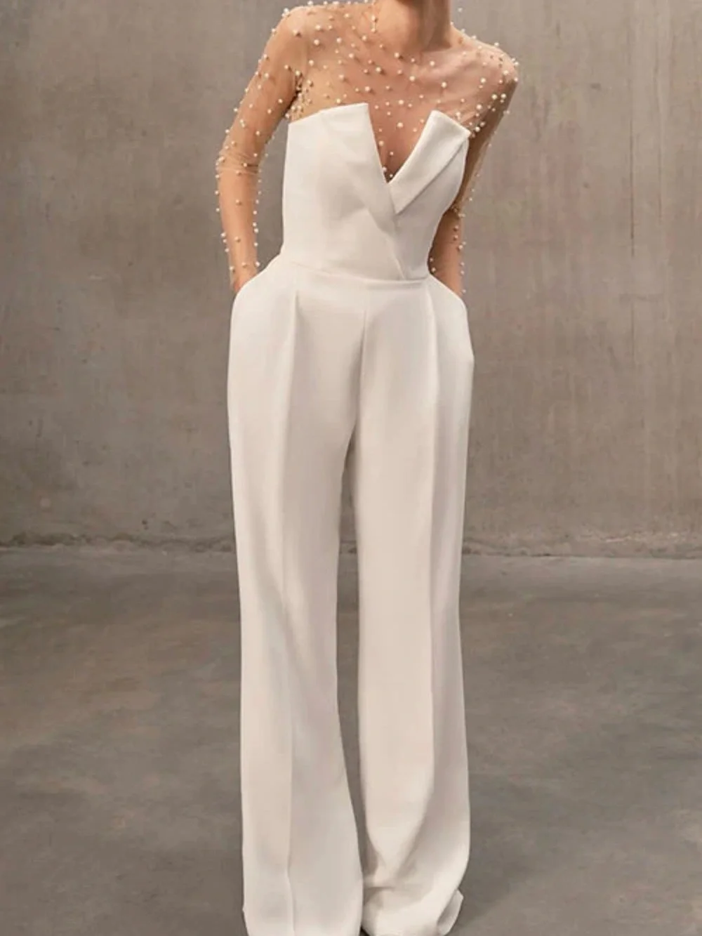 Strapless White Draped Bodice Wide-Leg Jumpsuit - Picture 2 of 3